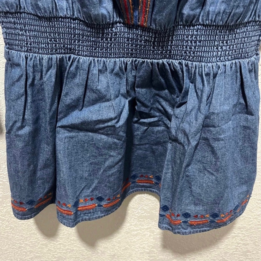 Lucky Brand Chambray Embroidered Peasant Drop Waist Dress - Picture 4 of 10
